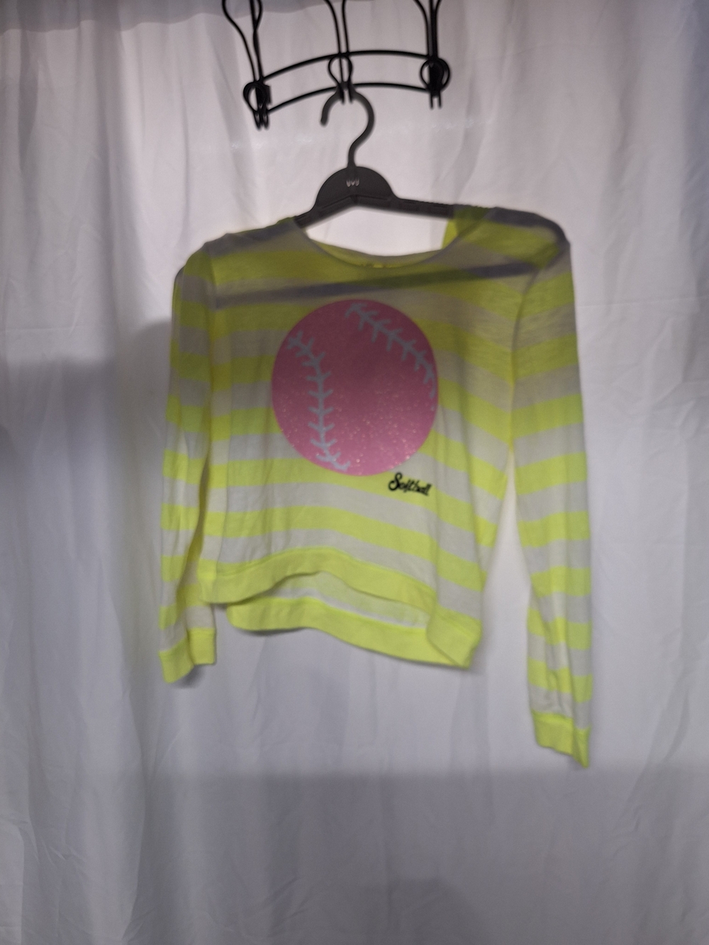 Justice Neon Yellow & White Striped Crewneck with Pink Baseball Graphic